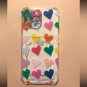 Multicolored hearts clear iPhone 13 pro max case with card holder